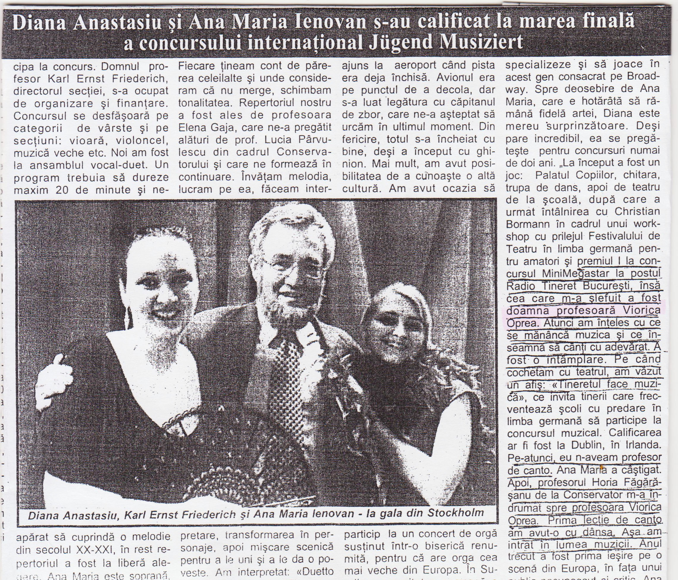 Material de presă — Sase materiale cu Doina Eremia Borda (in prezent artist liric la Filarmonica Banatul) castigatoare a mai multor premii I, II si trofee - una dintre diplome fiind de la o Ambasada unde a fost invitata sa cante.