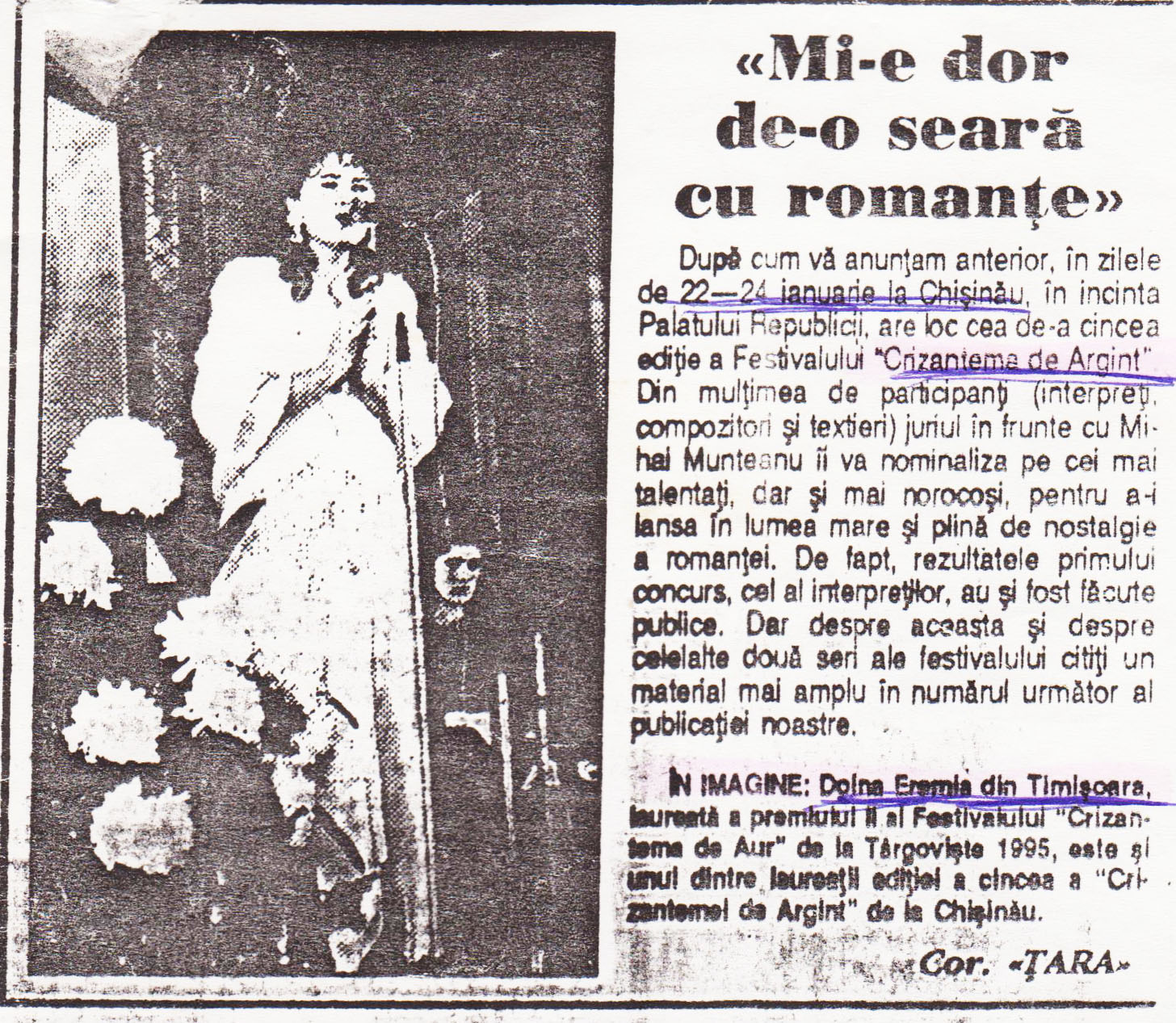 Material de presă — Sase materiale cu Doina Eremia Borda (in prezent artist liric la Filarmonica Banatul) castigatoare a mai multor premii I, II si trofee - una dintre diplome fiind de la o Ambasada unde a fost invitata sa cante.